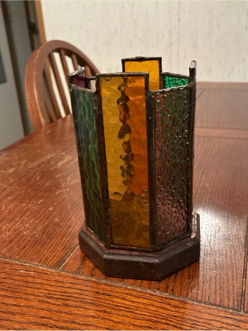 Vintage Textured Stained Glass Candle Holder Copper Solder Joints Wood Base